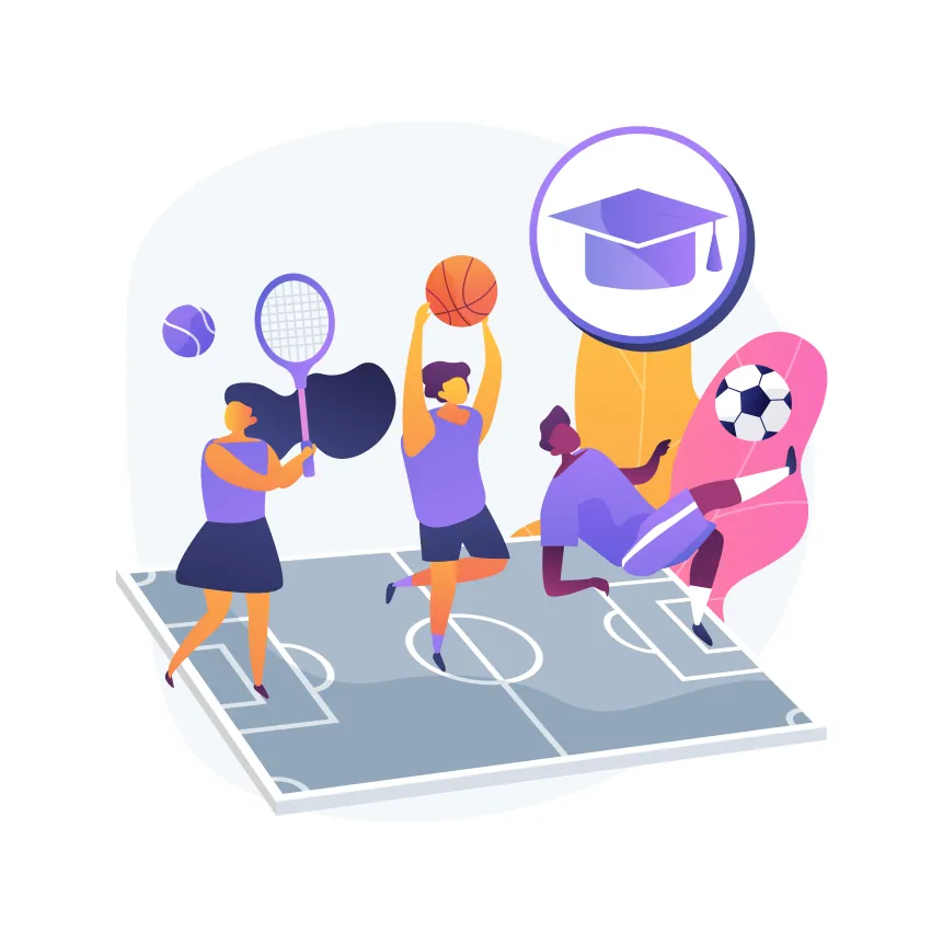 Ilustração de estudantes praticando diferentes esportes em uma quadra