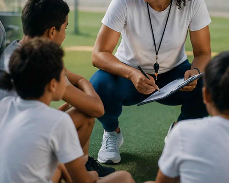 Professora de Educação Física orientando um grupo de crianças em campo