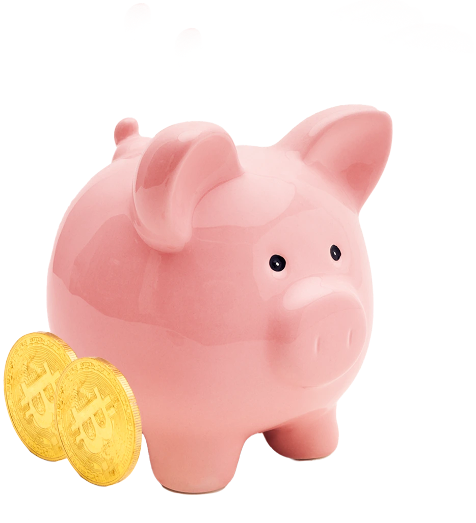 Cofrinho de porco rosa com moedas de bitcoin, simbolizando poupança moderna.