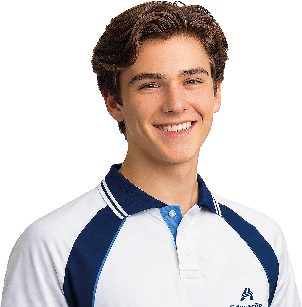 Aluno do Colégio UNASP sorrindo com o uniforme da Educação Adventista
