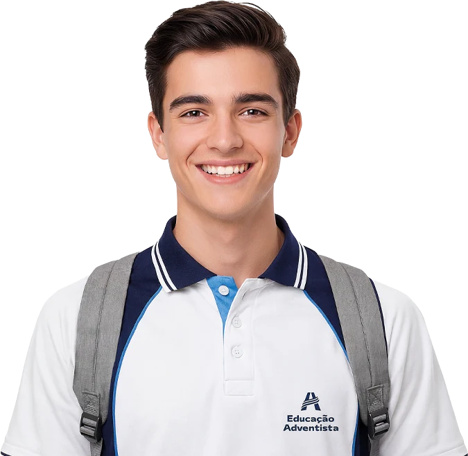 Aluno do Colégio UNASP sorrindo com o uniforme da Educação Adventista